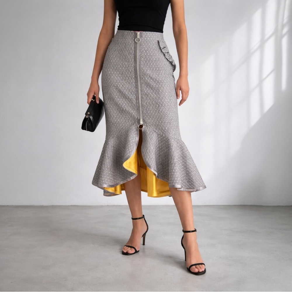 Andreeva Geometric Midi Skirt Zip Front Ruffle Hem Yellow Satin Lined Sz Large